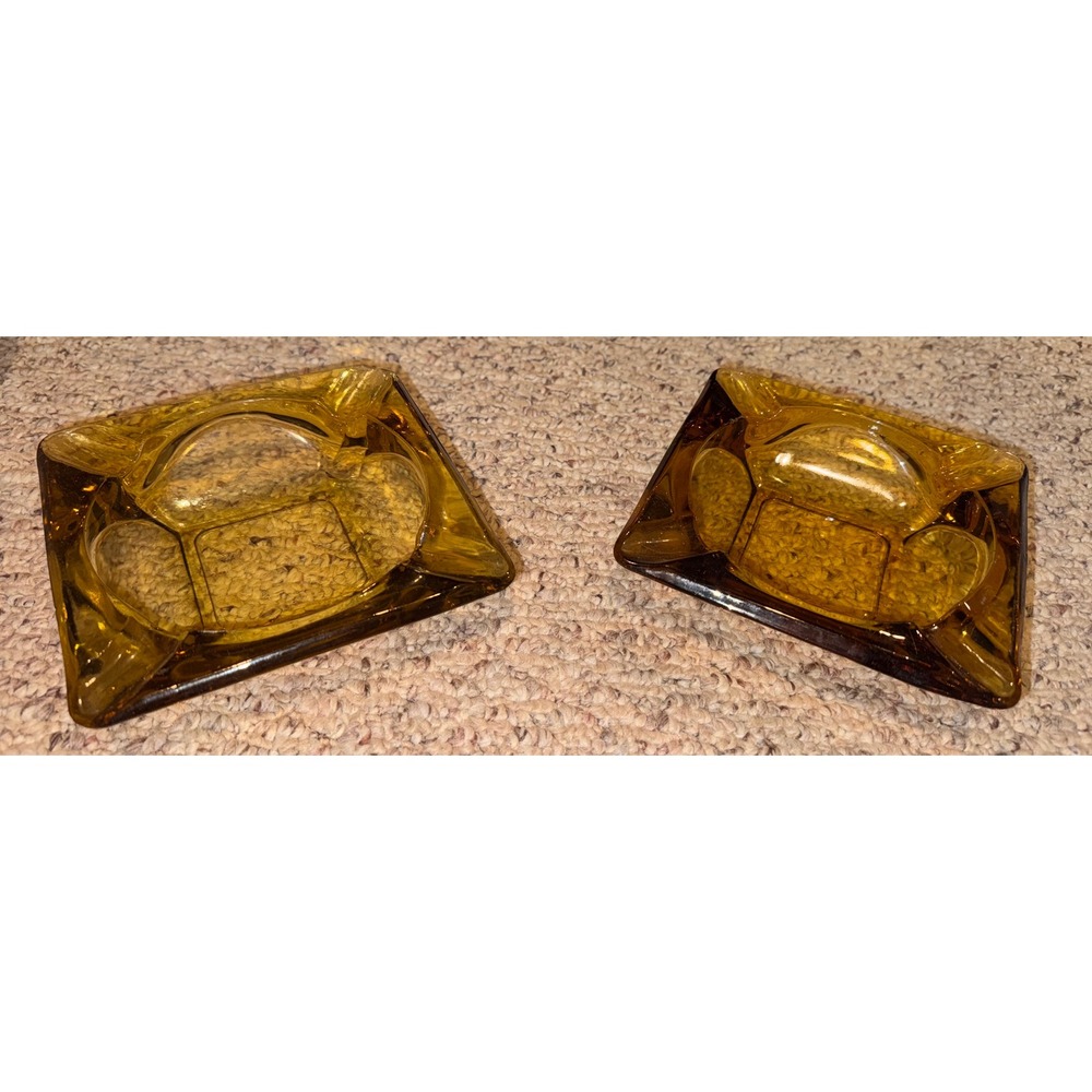 Vintage Amber Glass Ashtray Set of 2 Square Mid Century Modern Retro 5.25 Inch